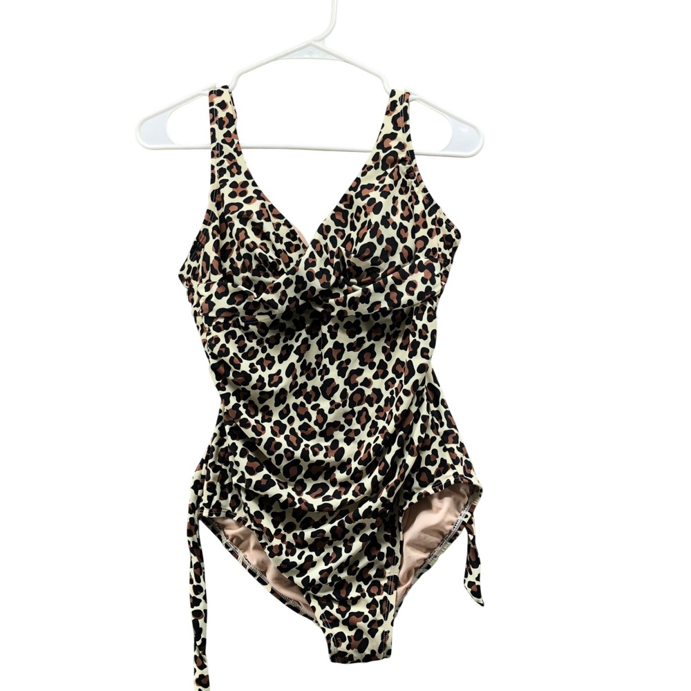 NWOT Kona Sol Leopard‎ Print One Piece Swimsuit Womens M Tan Ruched Padded